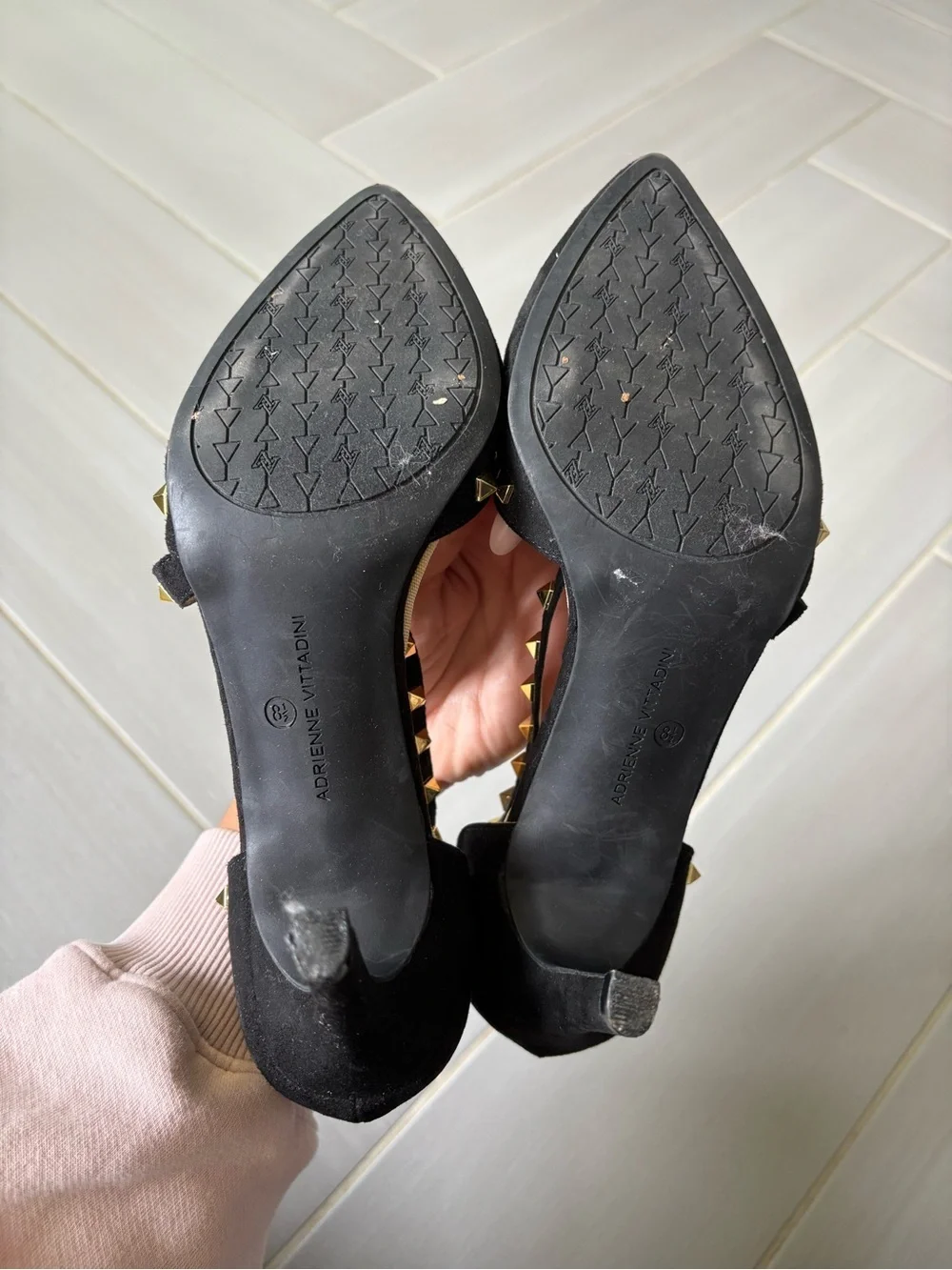 Adrienne Vittadini Newly Pump | Black Suede Pointed-Toe Heels with Gold Studs
